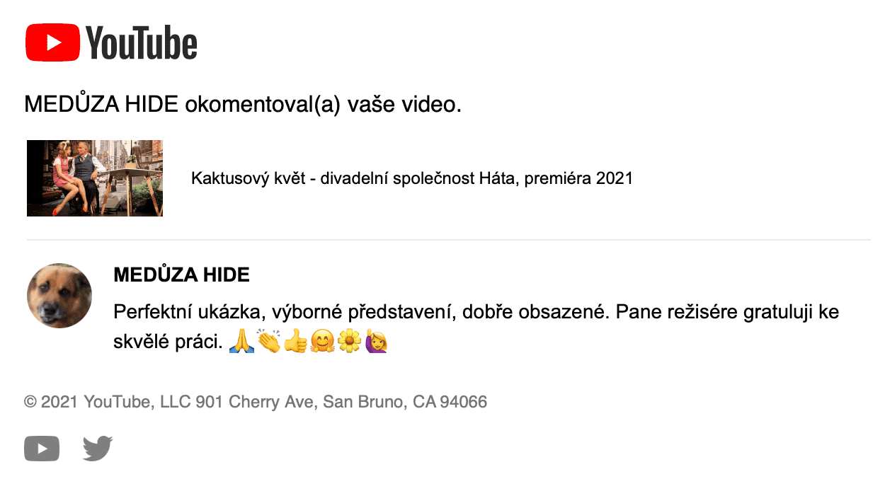 YOUTUBE: Perfektní ukázka, výborné představení, dobře obsazené. Pane režisére gratuluji ke skvělé práci.