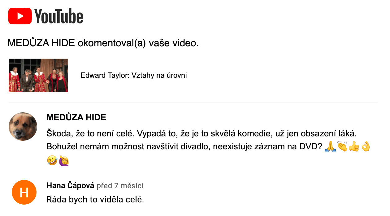 YOUTUBE: Škoda, že to není celé. Vypadá to, že je to skvělá komedie, už jen obsazení láká. Bohužel nemám možnost navštívit divadlo, neexistuje záznam na DVD?